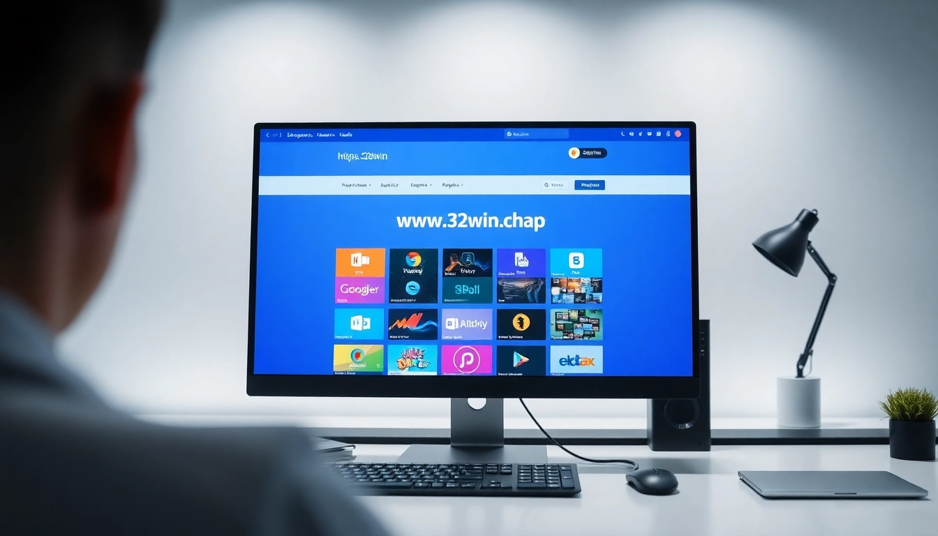 Professional illustration of https://32win.cheap homepage on a computer monitor, emphasizing digital software solutions for Windows users.