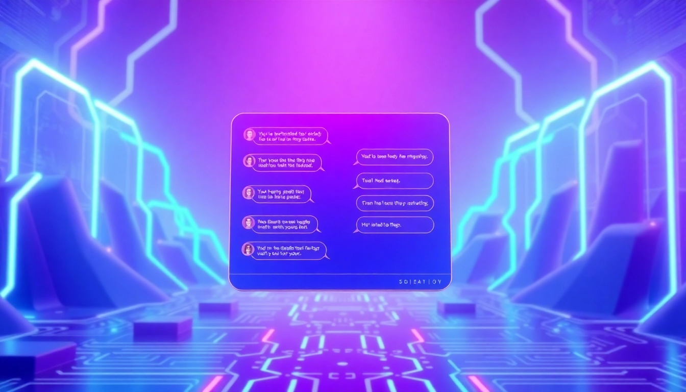 A futuristic AI chat interface with neon colors and engaging text bubbles.