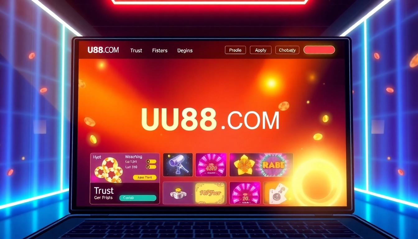 Engaging visual highlighting UU88 COM with an intuitive online gaming platform interface, emphasizing trust and vibrant graphics for user engagement.