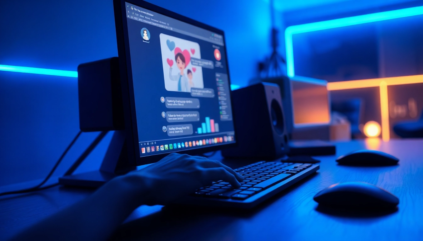 An illustration of a futuristic computer setup with a chat interface on the screen, illuminated by blue ambient lighting, evoking a sense of digital intimacy and advanced technology.