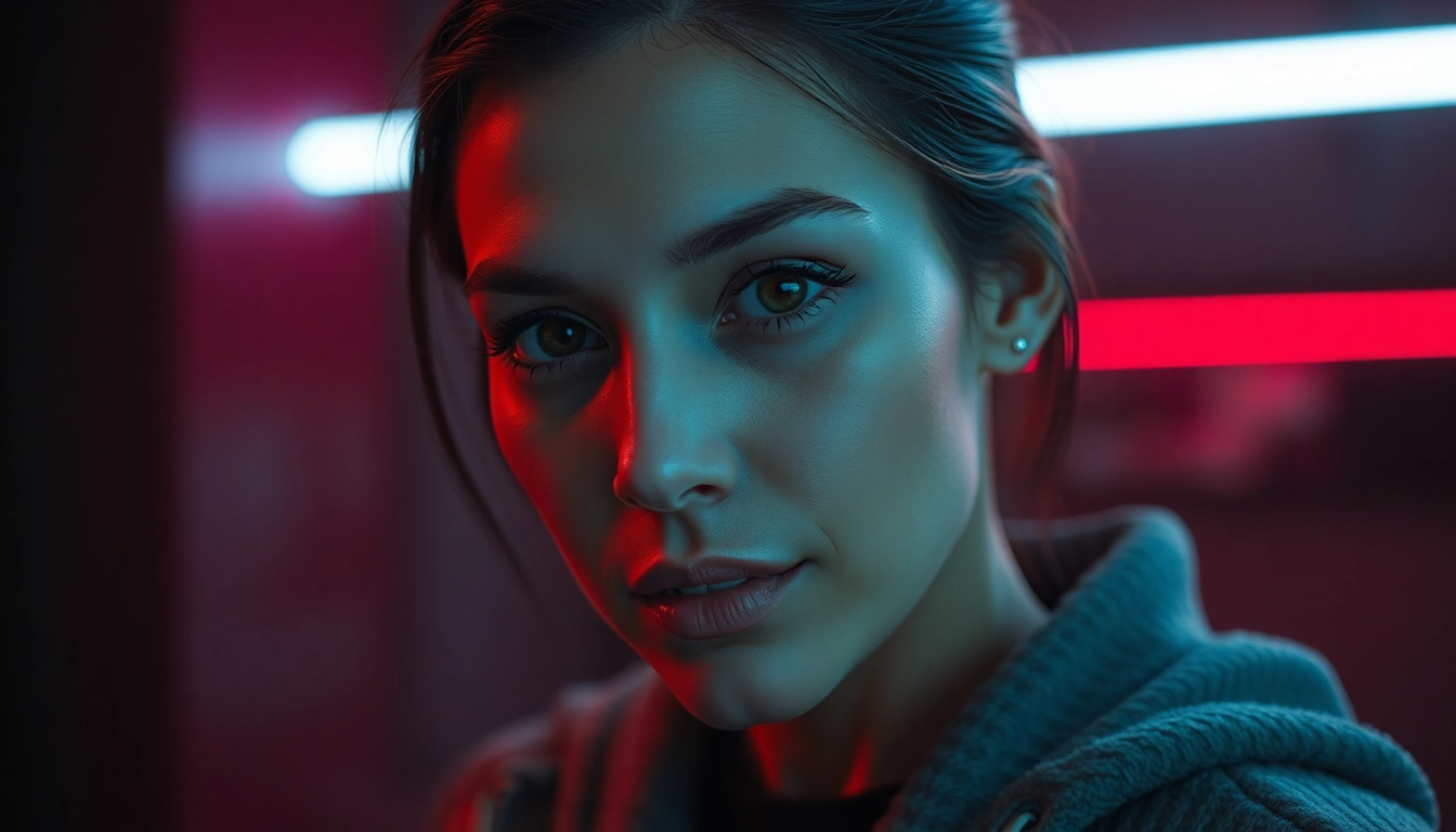 Dynamic, cinematic NSFW AI Image Generator portrait with neon lighting and textured outfit.