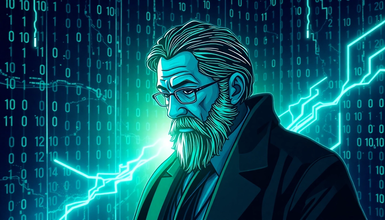 Satoshi Nakamoto's enigmatic figure amidst digital data streams, symbolizing the mystery and innovation behind Bitcoin's creator.