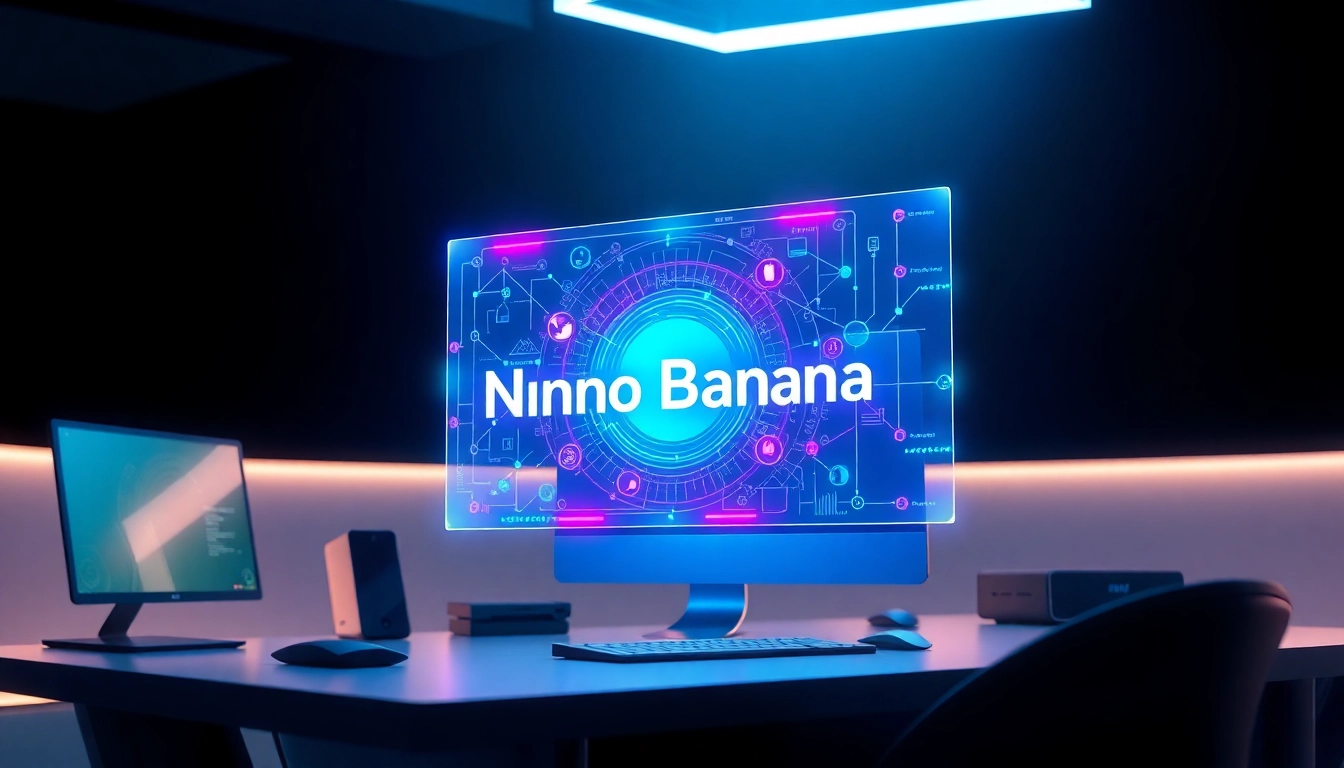 Futuristic AI interface with holographic display showcasing Nano Banana's advanced image editing capabilities in a modern workspace.