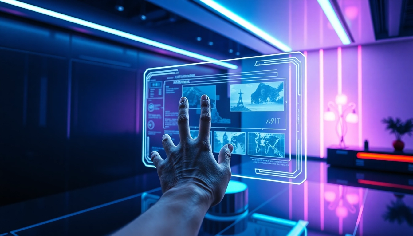 Futuristic digital workspace with holographic image editing interface and human hands interacting with advanced AI tools.