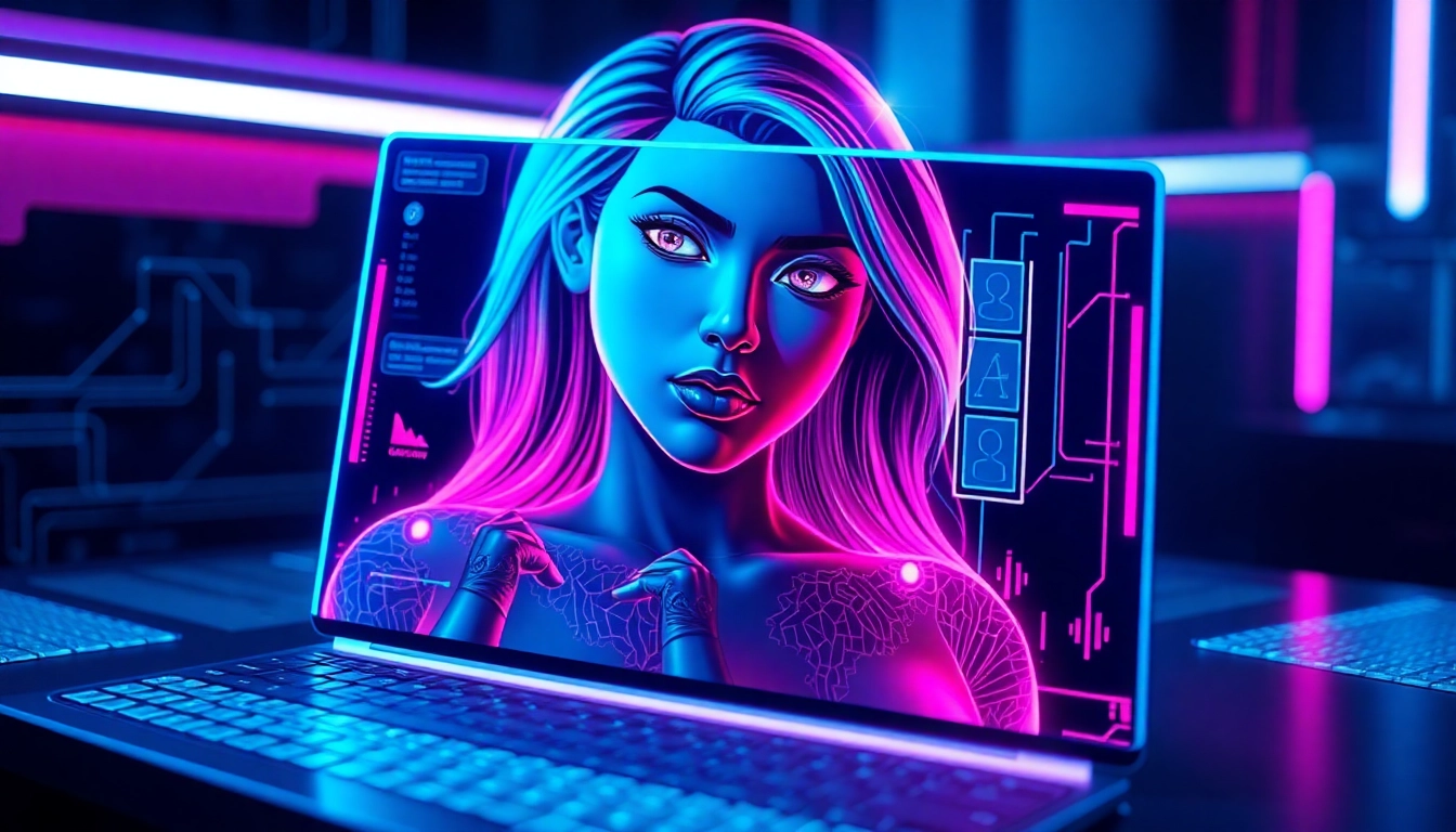 Digital art of an alluring AI chatbot interface with neon colors and holographic character in a dark, futuristic setting.