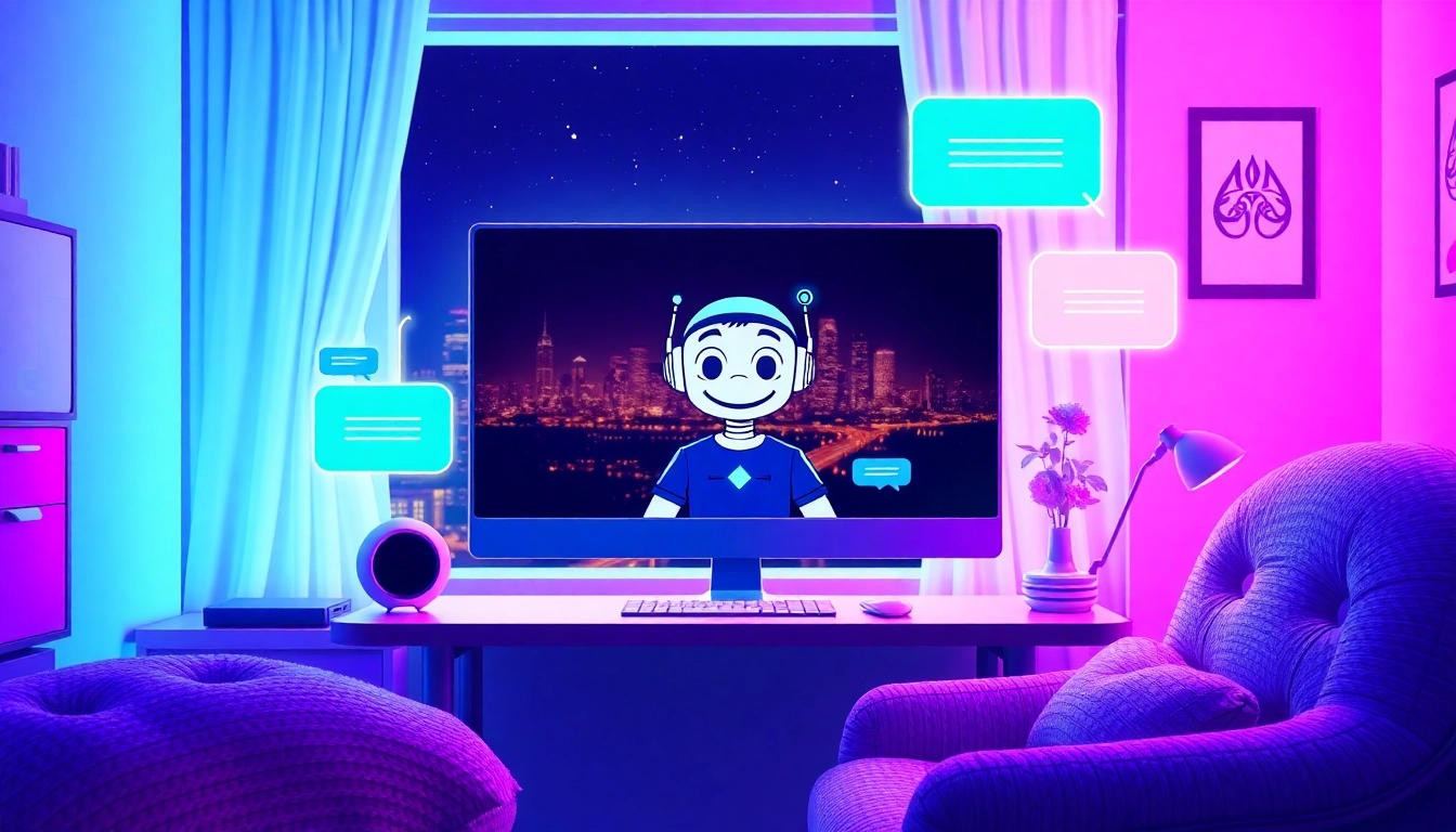 Futuristic cozy room with a computer screen showing an AI character, glowing holograms, cityscape at night, warm and vibrant lighting.