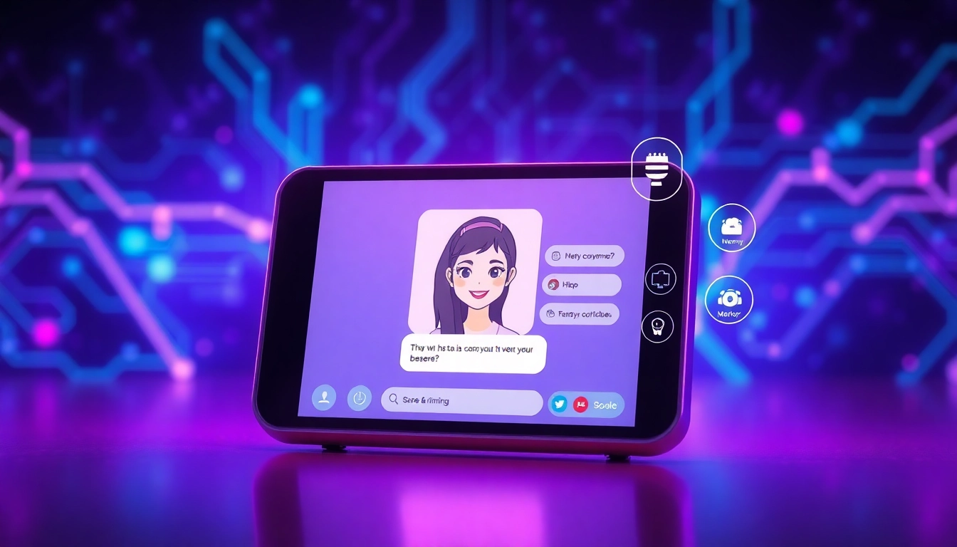 Futuristic digital chat interface with AI character on a sleek device screen, glowing background, and holographic icons.