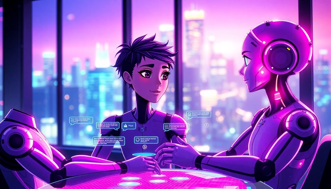 Futuristic digital art of two AI characters communicating in a neon-lit virtual environment with holograms and cityscape background.