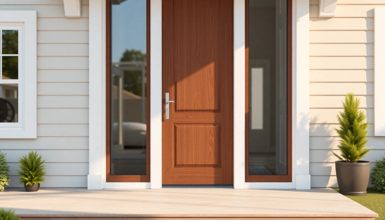 Front door replacement: installing a modern exterior door on a sunlit entry.