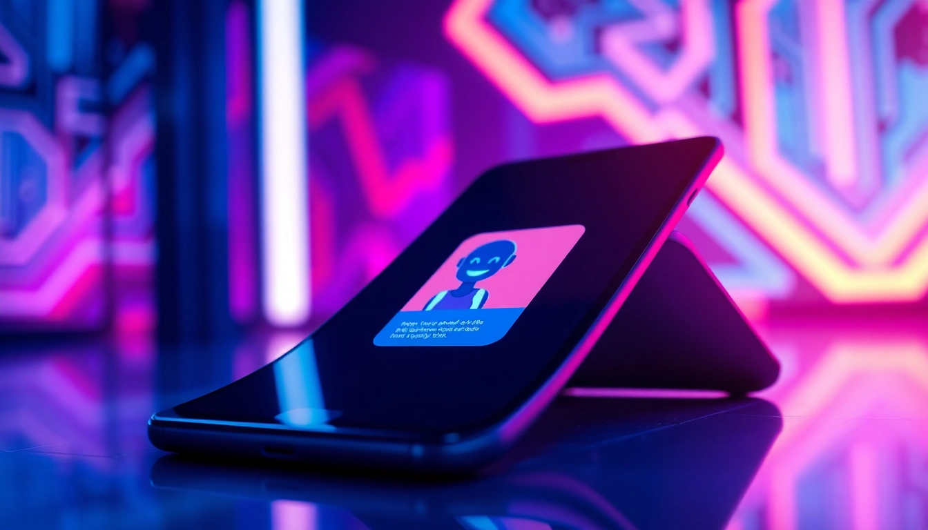 Close-up of a smartphone screen showing a colorful AI chat interface with a friendly avatar, set against a high-tech, neon-lit background.