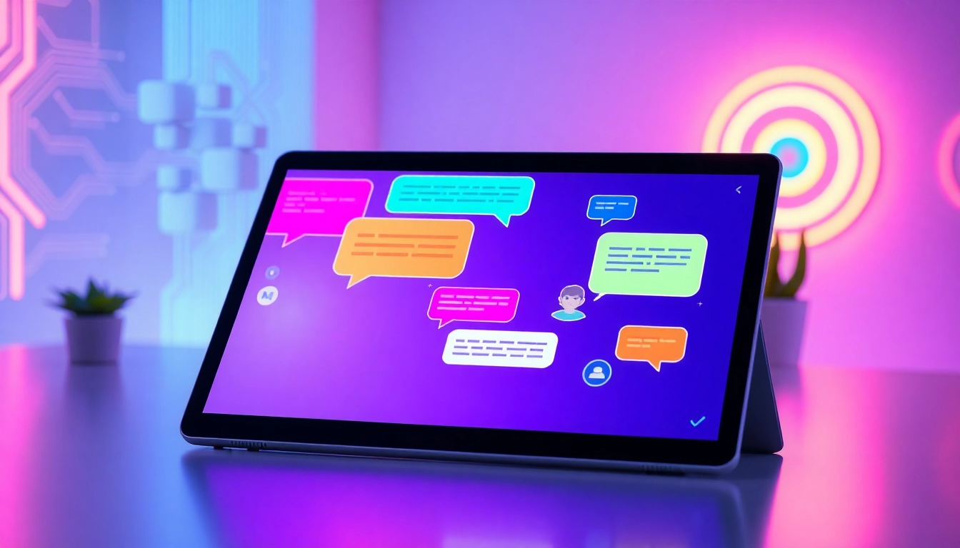 Futuristic chat interface on a sleek tablet with colorful speech bubbles in a modern workspace