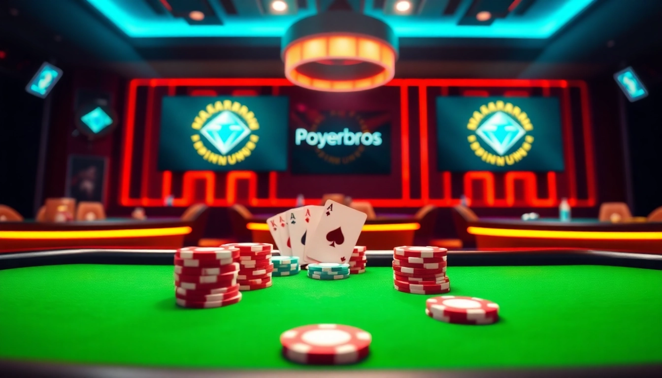 Engaging poker scene emphasizing Pokerbros Diamond Union branding with players enjoying a strategic game around a digital table.