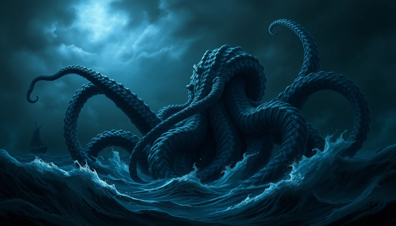 Kraken depicted as a massive sea creature rising from turbulent waters with glowing eyes,