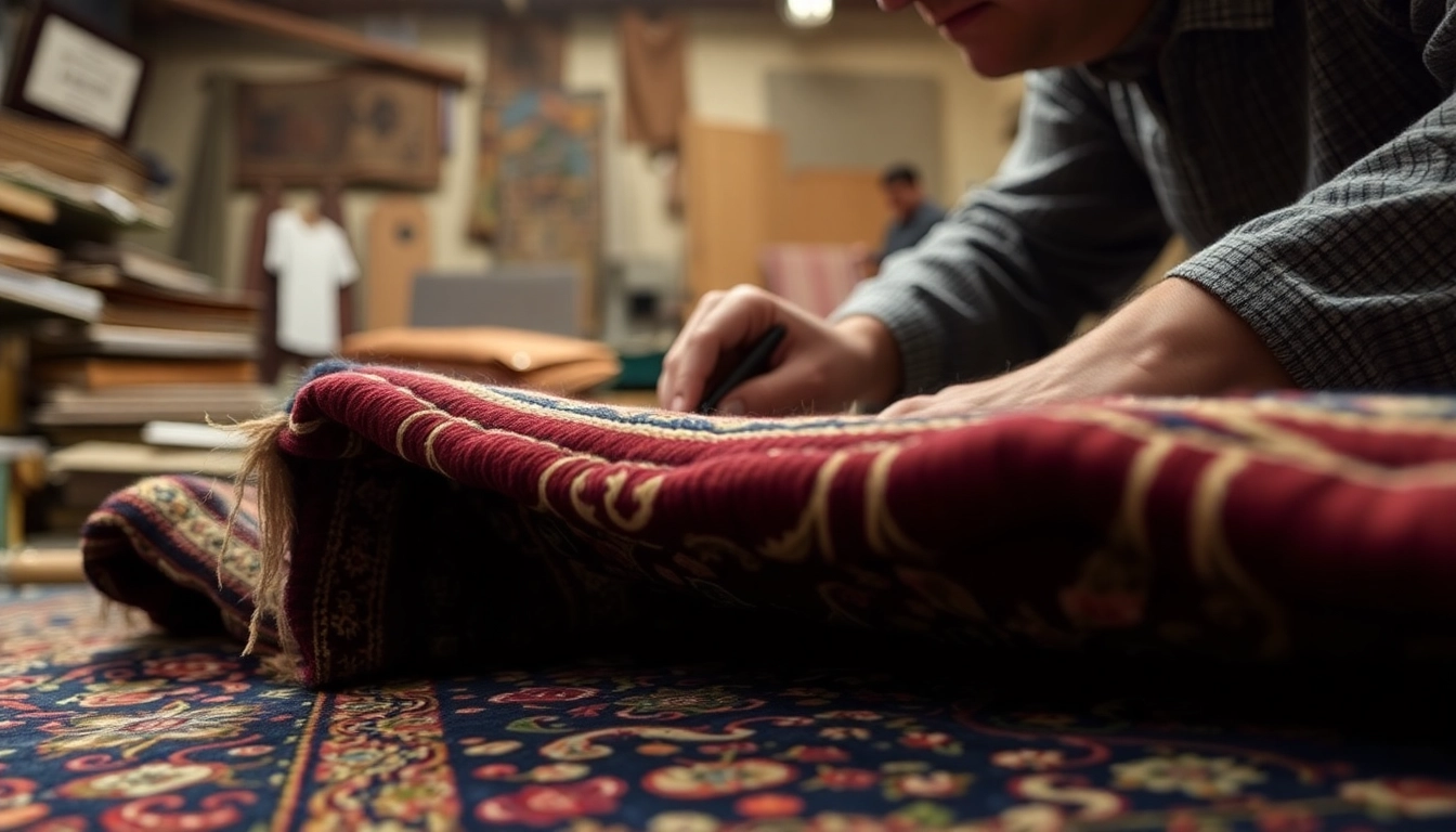 Experienced artisan performing Restauro Tappeti milano on an intricate Persian rug, showcasing