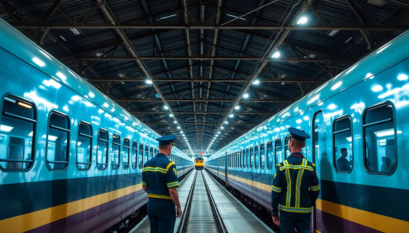 Railway Jobs recruitment board at station with officers and trains, highlighting job