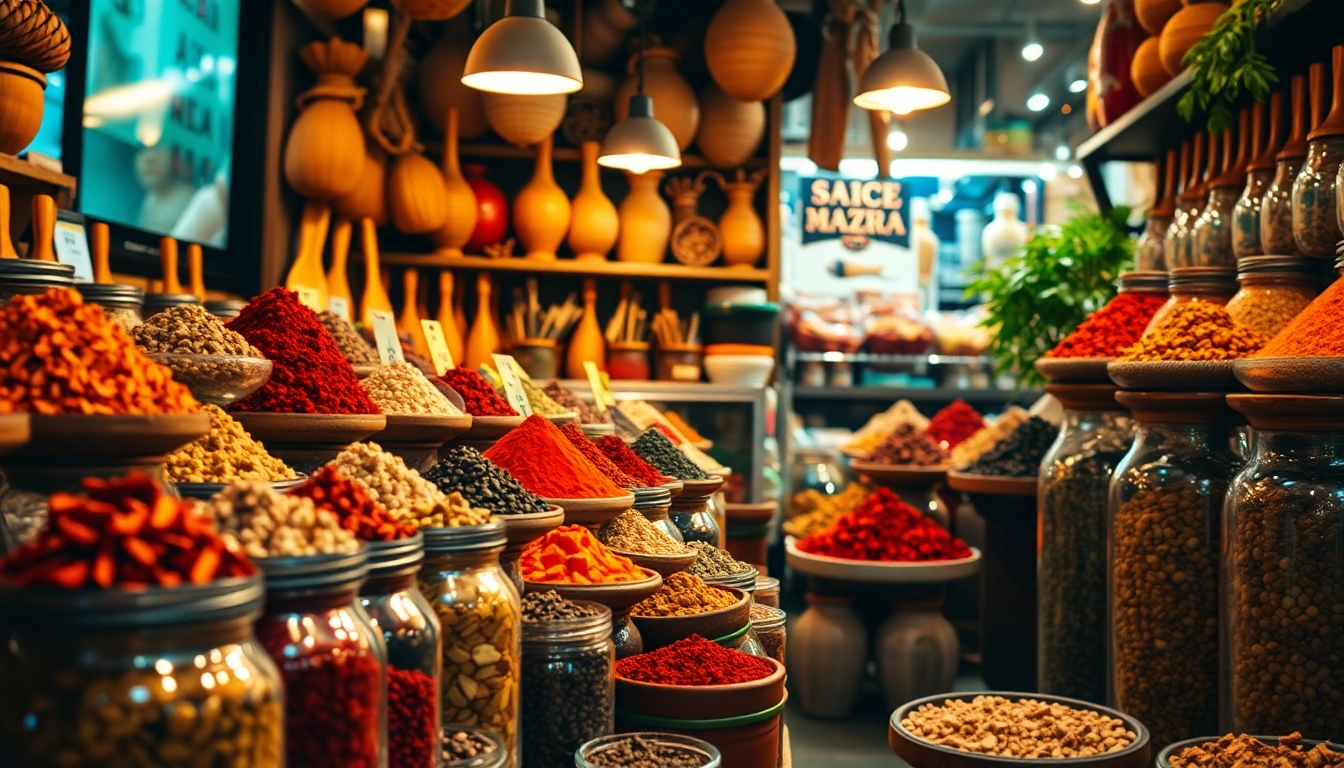 Suppliers showcasing vibrant spice packaging and fresh herbs in a well-organized market stall